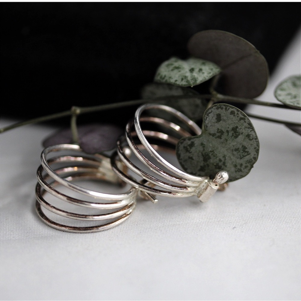 Vintage Sterling Silver Multi Strand Hoop Earrings Four Tier Cage Design 925